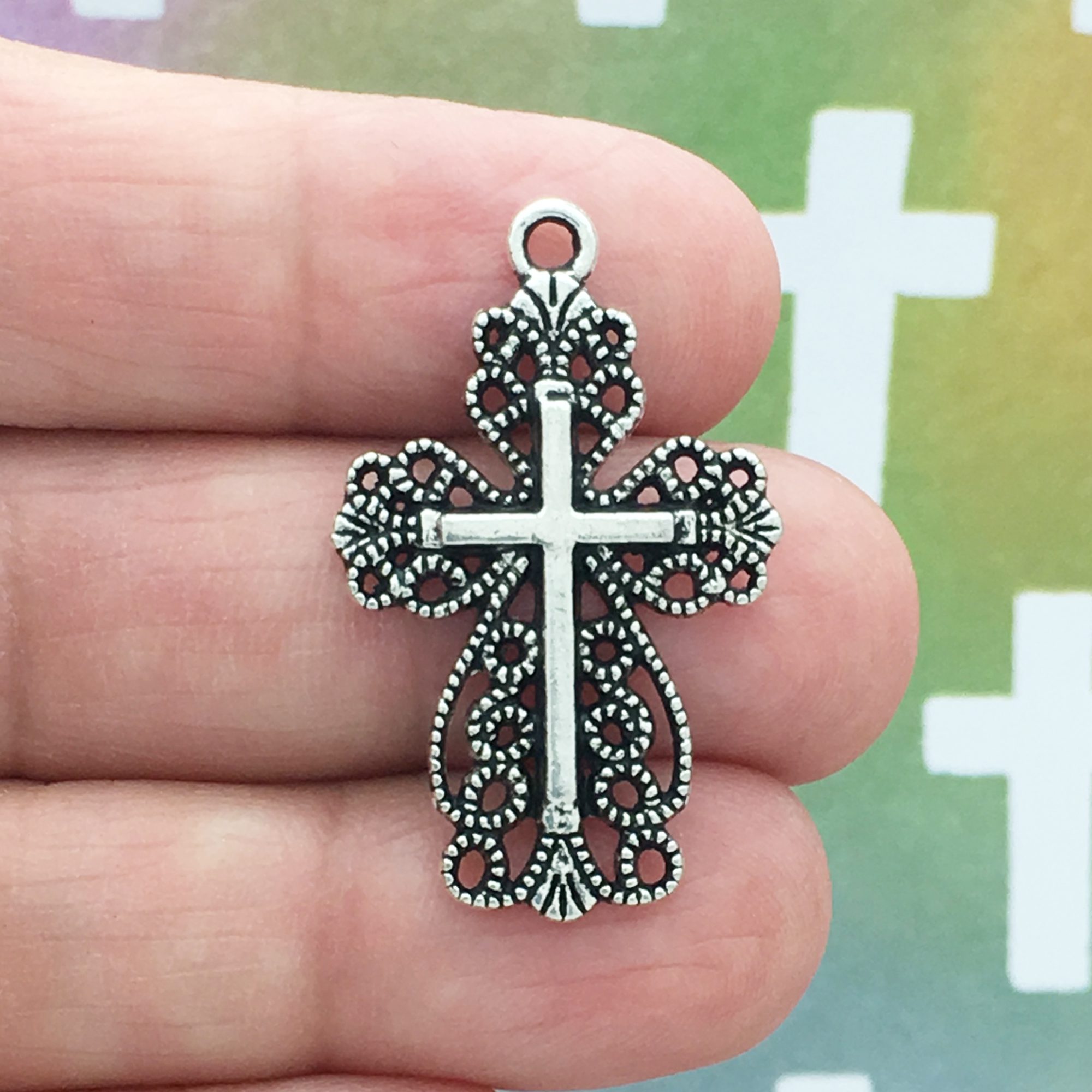 BULK 30 Silver Filigree Cross Charm Pendant by TIJC SP0949B