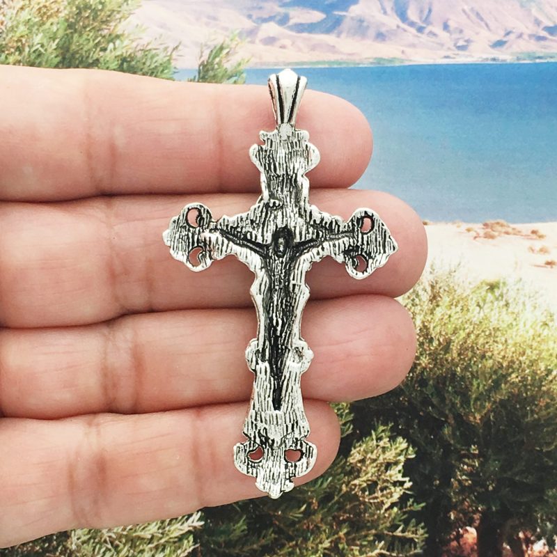 2 Silver Crucifix Cross Charm Pendant for Rosary Parts 60x33mm by TIJC SP1081 - Image 2
