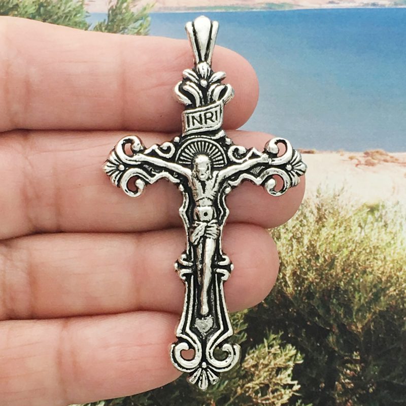 2 Silver Crucifix Cross Charm Pendant for Rosary Parts 60x33mm by TIJC SP1081 - Image 3