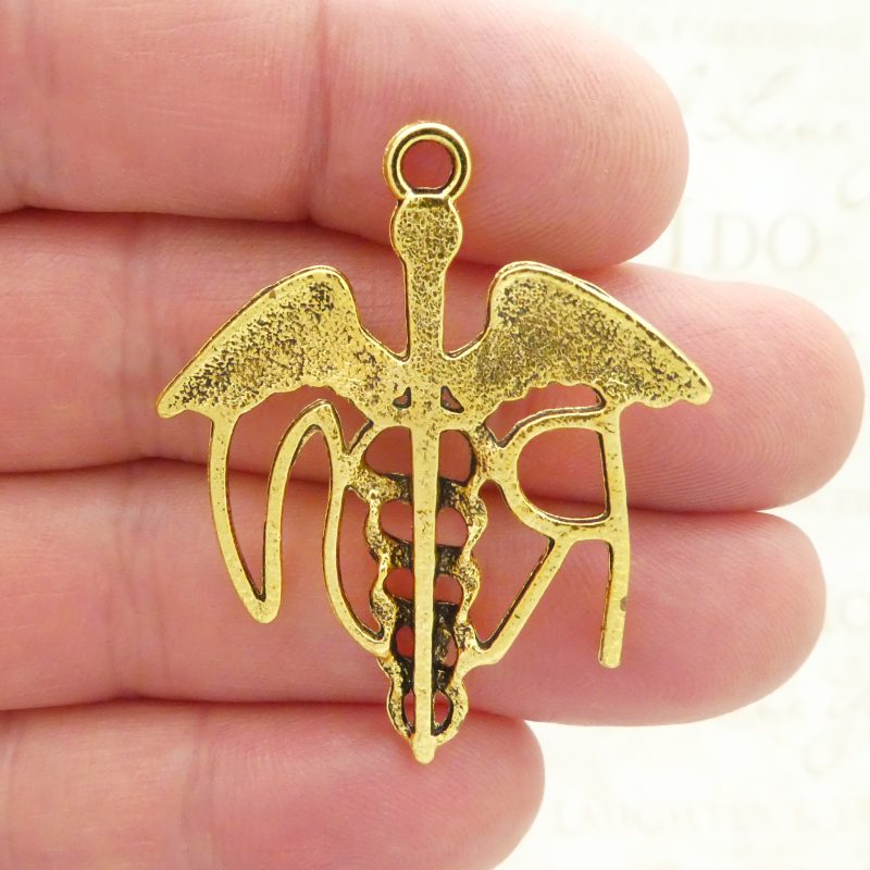 4 Gold RN Caduceus Medical Charm Nurse Pendant 44x37mm by TIJC SP1353 - Image 4