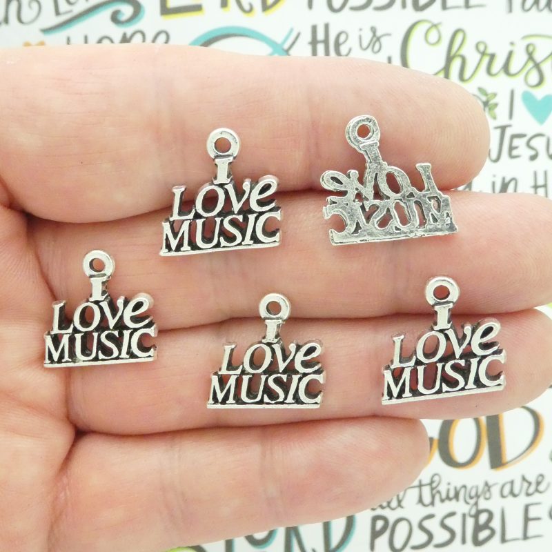 BULK 25 Silver I Love Music Charm Pendant 18x19mm by TIJC SP1355B
