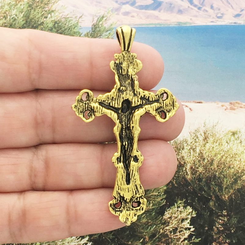 2 Gold Crucifix Cross Charm Pendant for Rosary Parts by TIJC SP1511 - Image 2