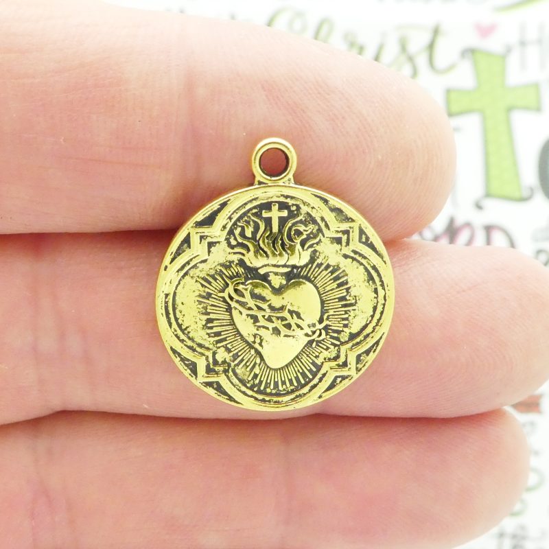 BULK 20 Gold Sacred Heart Charm Pendant for Necklace 25x21mm by TIJC SP1569B - Image 5