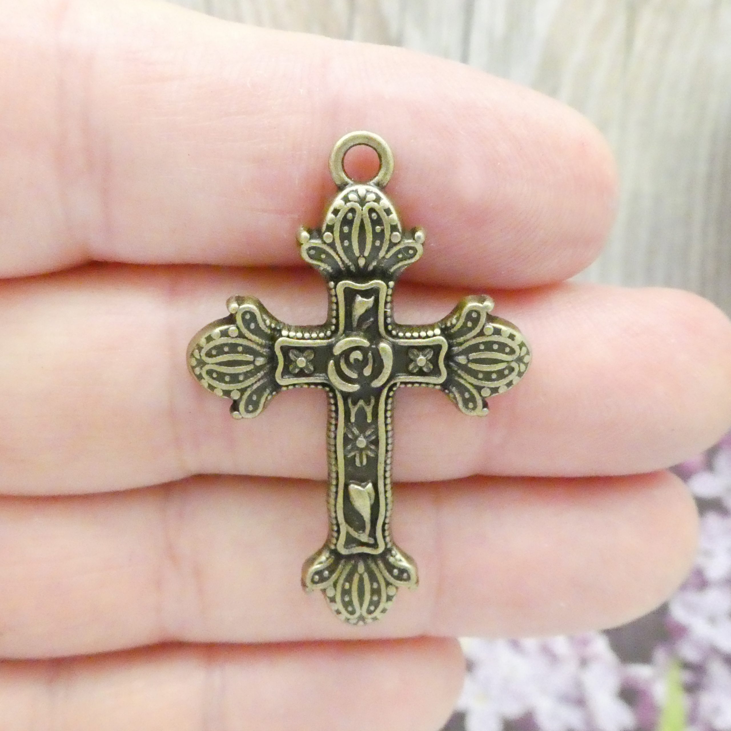 3 Rose Cross Charm Pendant Bronze by TIJC SP1859