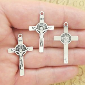 BULK 20 Silver Crucifix Cross Charm with St Benedict by TIJC SP1975B