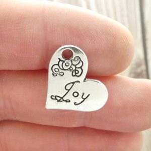 6 Silver Joy Affirmation Heart Charm 18x21mm by TIJC SP0303