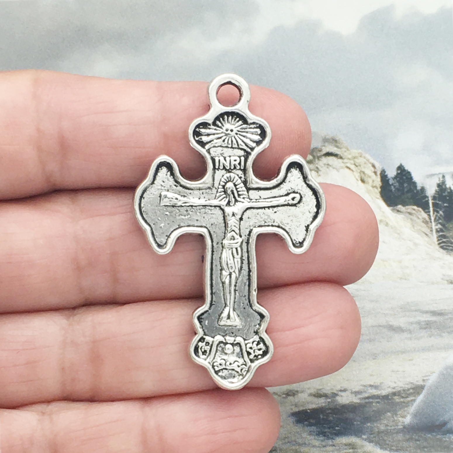 3 Silver Crucifix Cross Charm Rosary Parts by TIJC SP0356