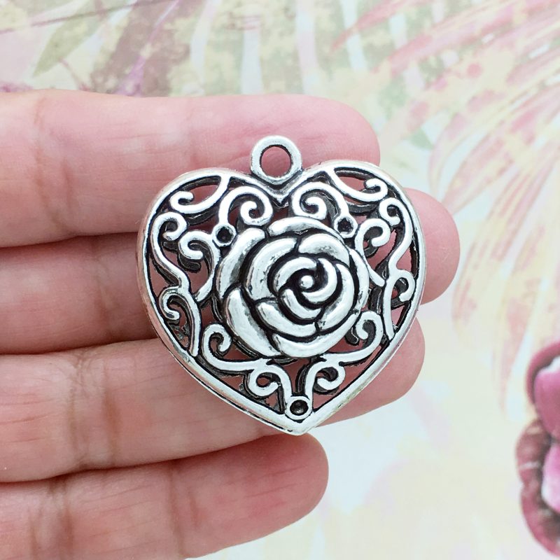 Silver Heart Rose Pendant
