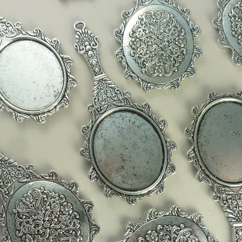 2 Hand Mirror Silver Photo Charm Bezel Blanks for Photo Jewelry Making 70x33mm by TIJC SP0928 - Image 2