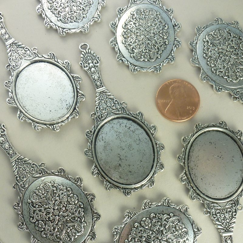 2 Hand Mirror Silver Photo Charm Bezel Blanks for Photo Jewelry Making 70x33mm by TIJC SP0928 - Image 3