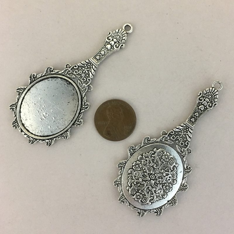 2 Hand Mirror Silver Photo Charm Bezel Blanks for Photo Jewelry Making 70x33mm by TIJC SP0928 - Image 5
