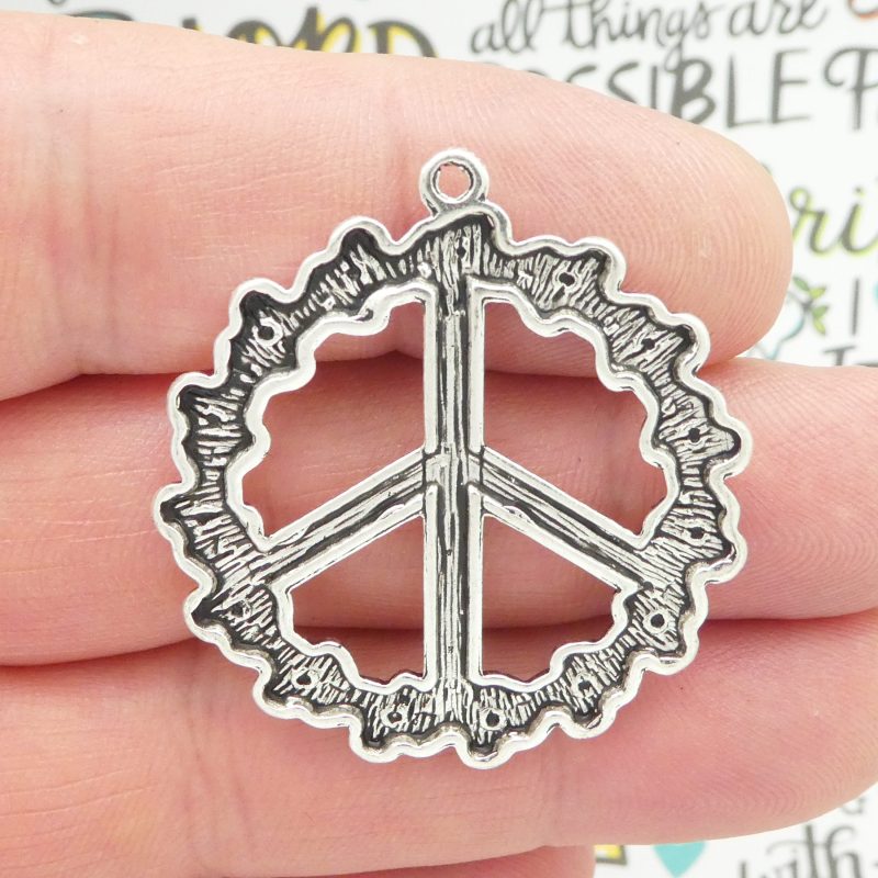 BULK 8 Flower Silver Peace Sign Charm Pendant Large 40x38mm by TIJC SP0931B - Image 3