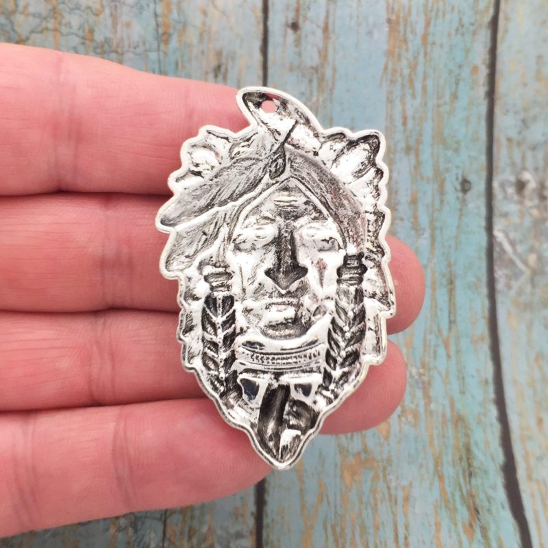 BULK 6 Indian Chief Head Charm Silver by TIJC SP0990B - Image 2