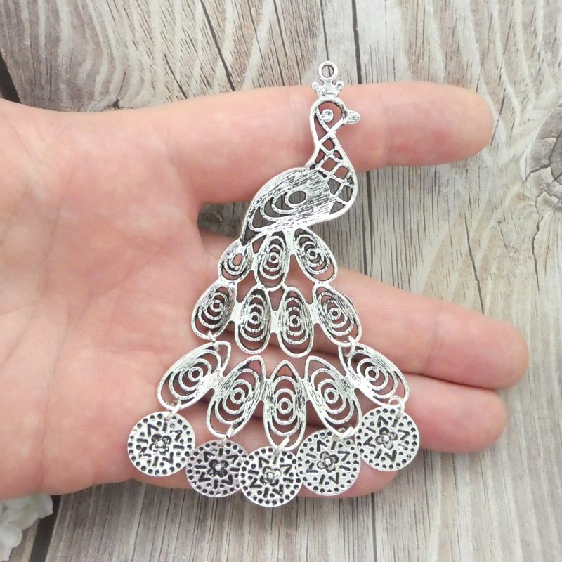1 Silver Peacock Charm Pendant 107x65mm by TIJC SP1086 - Image 3