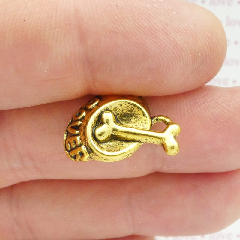 10 Dog Bowl Charm with Bone Antique Gold by TIJC SP1146 - Image 4