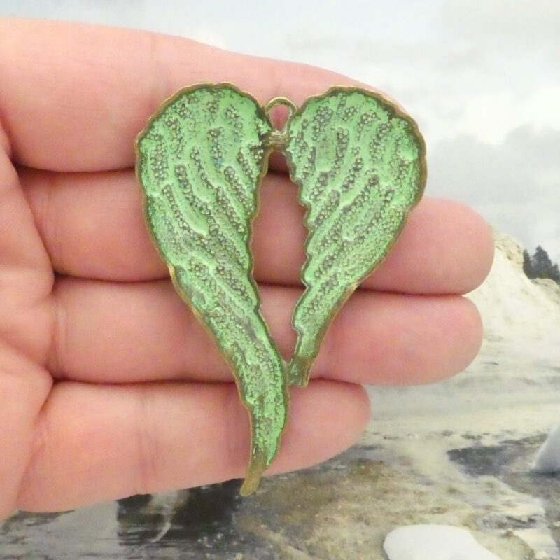 2 Spread Gold Angel Wings Pendant with Turquoise Oxidation Extra Large 69x47mm by TIJC SP1249 - Image 4