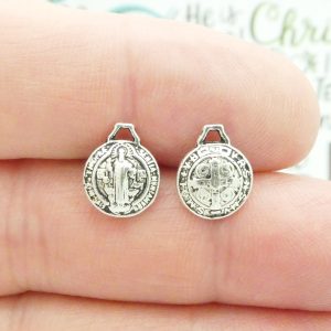 20 St Benedict Medal Charm Tiny Puffed Silver 12x10mm by TIJC SP1256