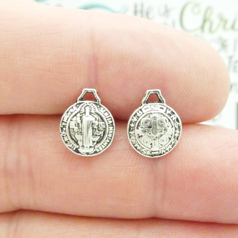 BULK 60 St Benedict Charm Tiny Silver Puffed 12x10mm by TIJC SP1256B - Image 2