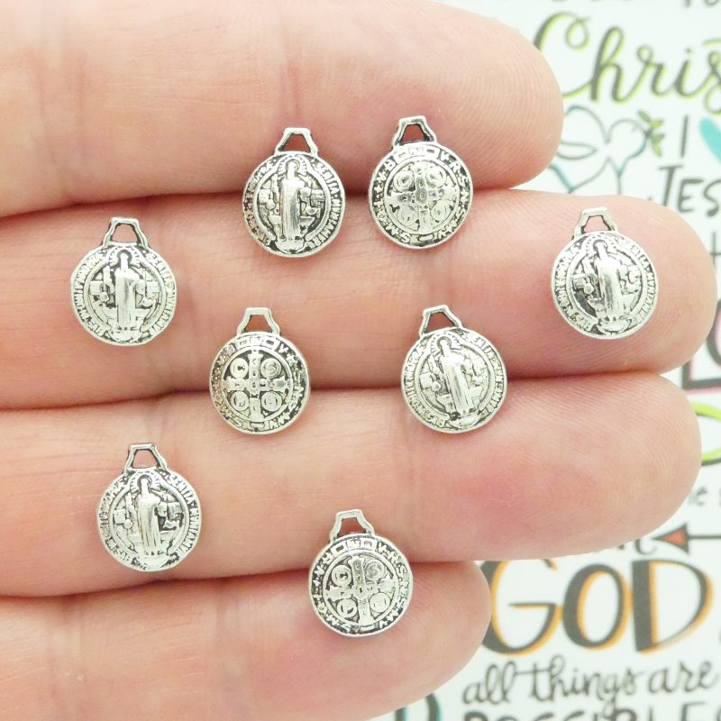 BULK 60 St Benedict Charm Tiny Silver Puffed 12x10mm by TIJC SP1256B
