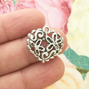 silver flower heart charm