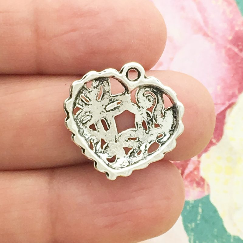 BULK 40 Flower Heart Charm Silver by TIJC SP1263B - Image 2