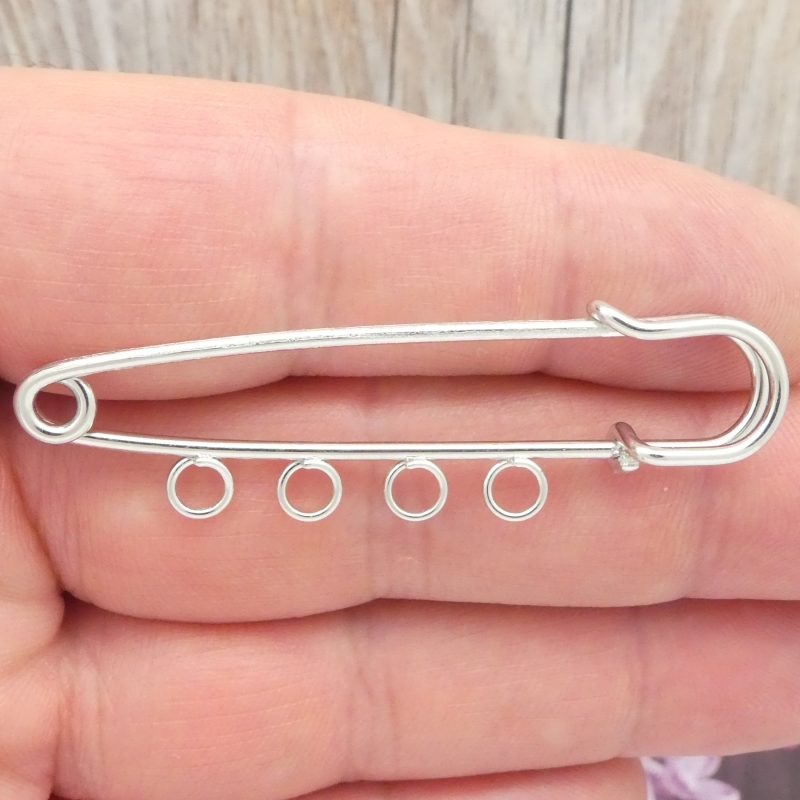 Bulk 6 Silver Safety Pin Charm Holder With 4 Loops 21x75mm by TIJC SP1277B - Image 3