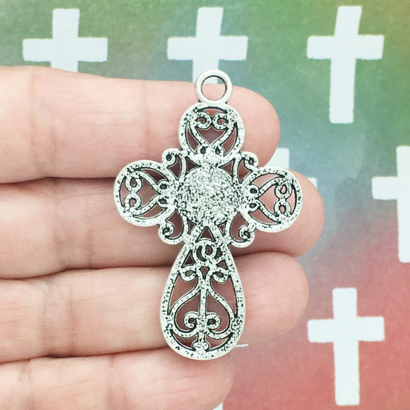 1 Silver Cross Charm Pendant 48x31mm by TIJC SP1388 - Image 2