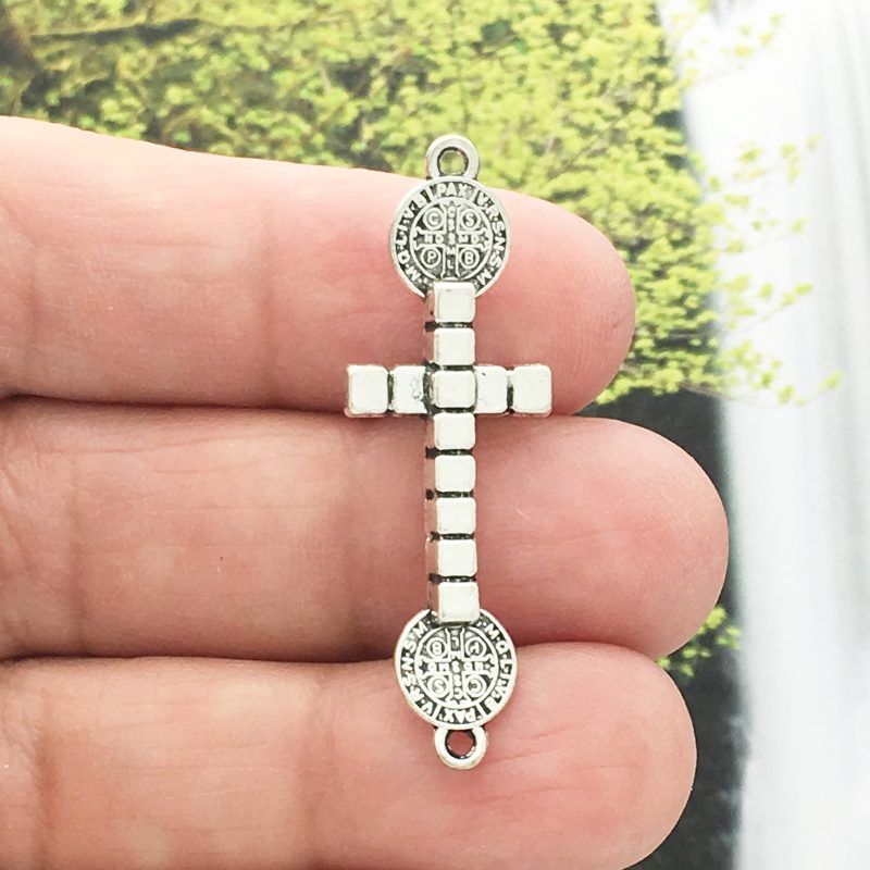 BULK 9 St Benedict Cross Charm Bracelet Connector Silver by TIJC SP1633B - Image 3