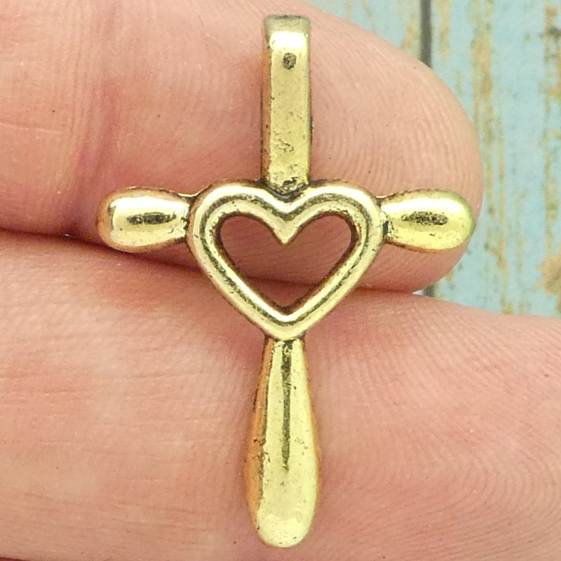 Gold Heart Cross Charm