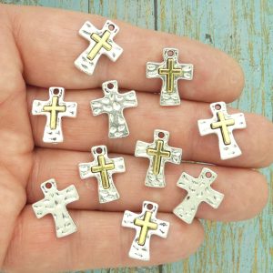 BULK 8 Hammered Silver Cross Charm Pendant by TIJC SP1737B