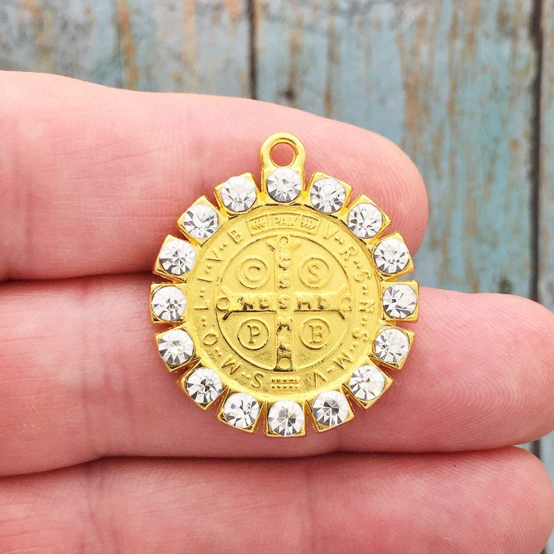 1 Gold St Benedict Charm Medal with Crystal by TIJC SP1747