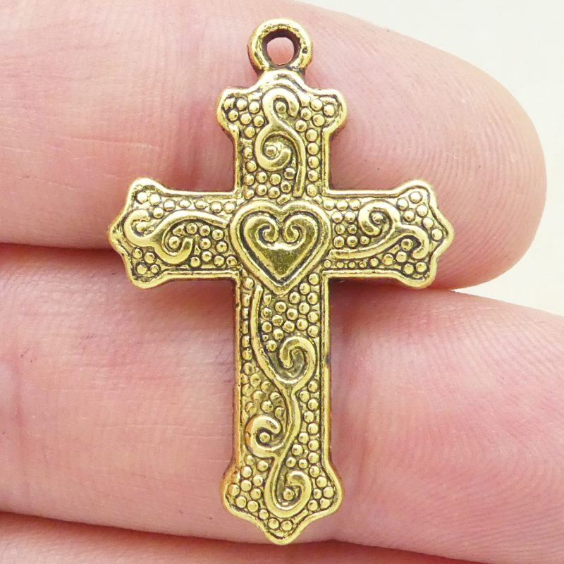 Gold Heart Cross Charm