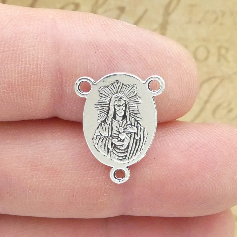 8 Mother Mary Rosary Centerpiece with Sacred Heart Silver by TIJC SP1790 - Image 4