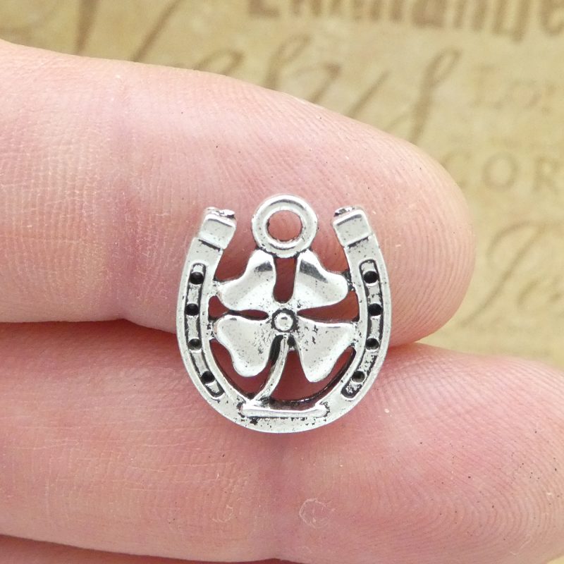 8 Lucky Horseshoe Charm with Four Leaf Clover in Silver by TIJC SP1797