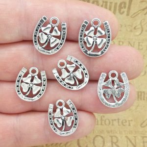 BULK 40 Lucky Horseshoe Charm with Four Leaf Clover in Silver by TIJC SP1797B