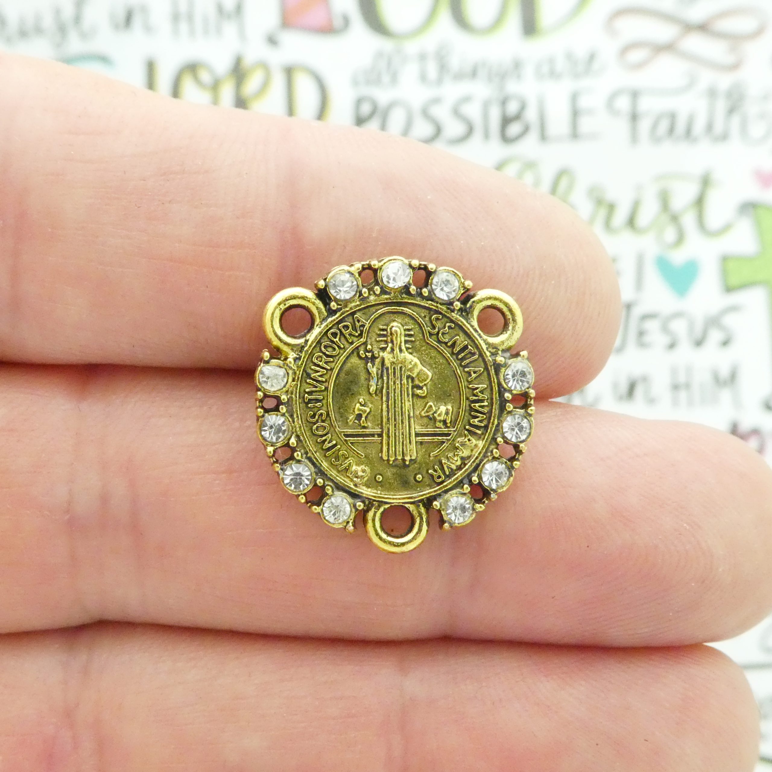 BULK 6 Gold St Benedict Rosary Centers Parts with Crystal by TIJC SP1969B - Image 4