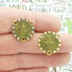 2 Gold St Benedict Medal Rosary Centers With Crystal by TIJC SP1969