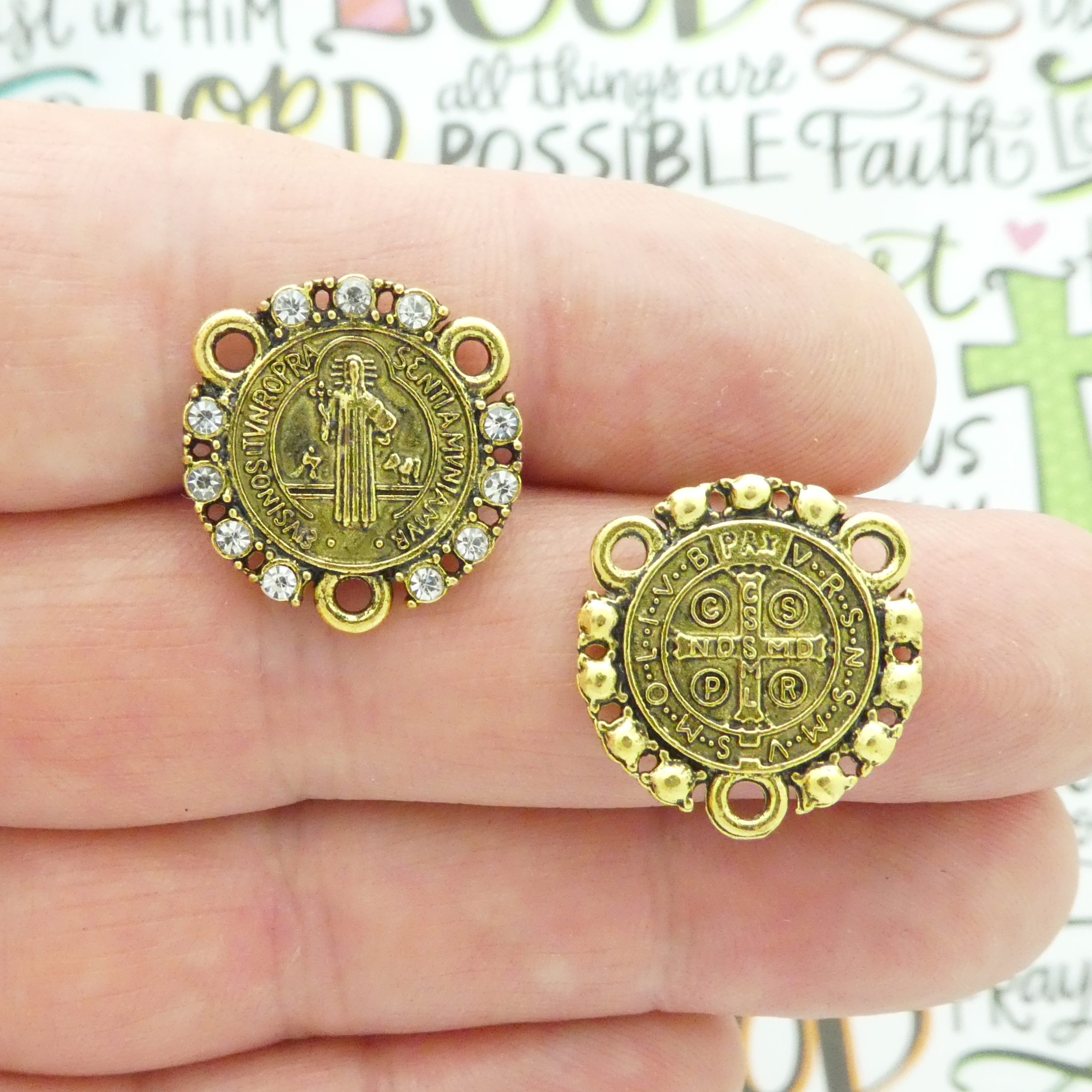 BULK 6 Gold St Benedict Rosary Centers Parts with Crystal by TIJC SP1969B - Image 2