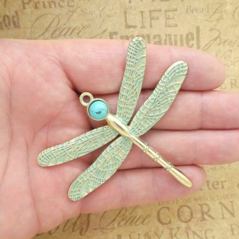 1 Dragonfly Charm Pendant Patina Gold with Turquoise Accent by TIJC SP1990