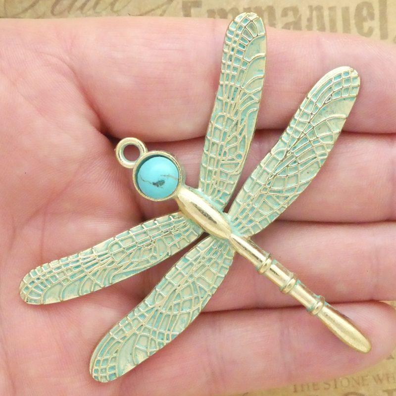 1 Dragonfly Charm Pendant Patina Gold with Turquoise Accent by TIJC SP1990 - Image 3
