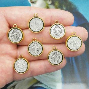 Bulk 5 Silver St Benedict Charm in Gold Bezel 20x17mm by TIJC SP2016B