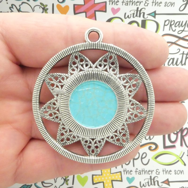 1 Silver Turquoise Flower Pendant 61x55mm by TIJC SP2032 - Image 3