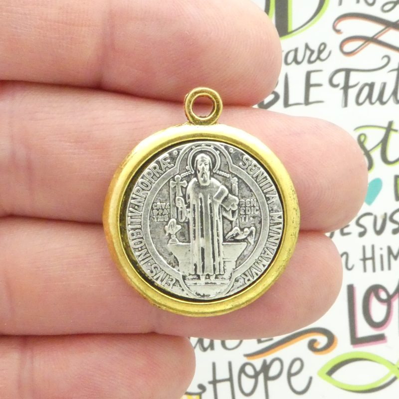 Bulk 3 Silver St Benedict Charm in Gold Bezel 31x27mm by TIJC SP2036B - Image 2