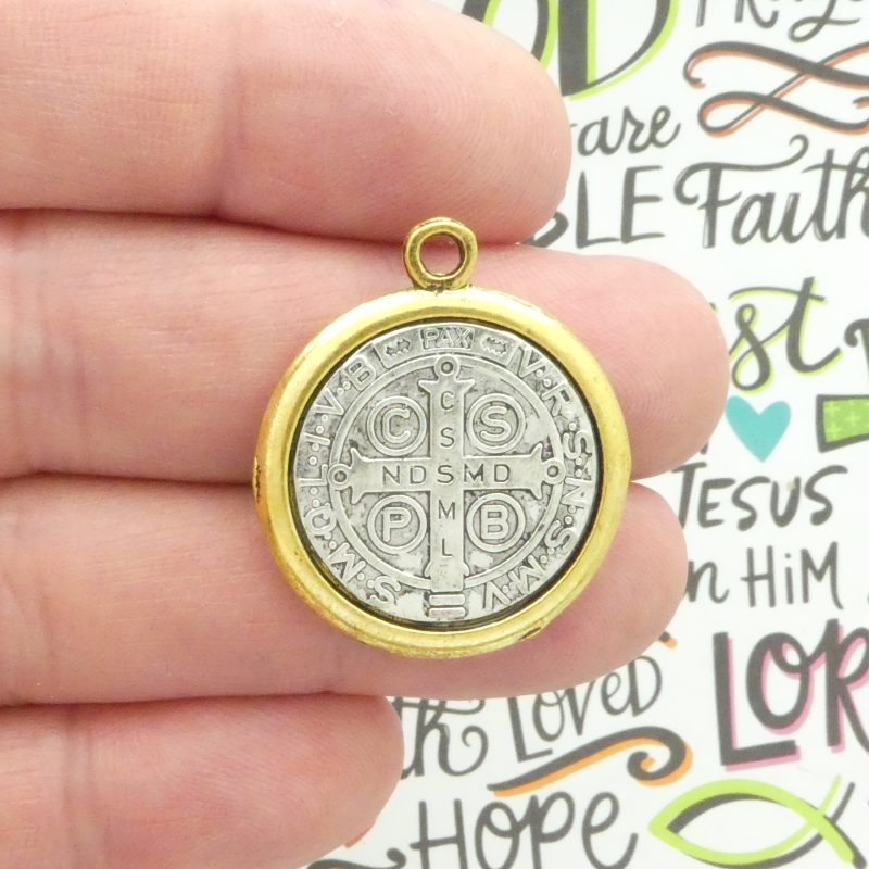 Bulk 3 Silver St Benedict Charm in Gold Bezel 31x27mm by TIJC SP2036B - Image 3