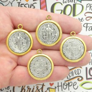 Bulk 3 Silver St Benedict Charm in Gold Bezel 31x27mm by TIJC SP2036B