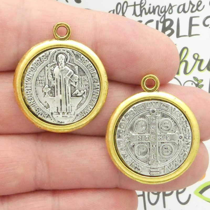 Bulk 3 Silver St Benedict Charm in Gold Bezel 31x27mm by TIJC SP2036B - Image 5