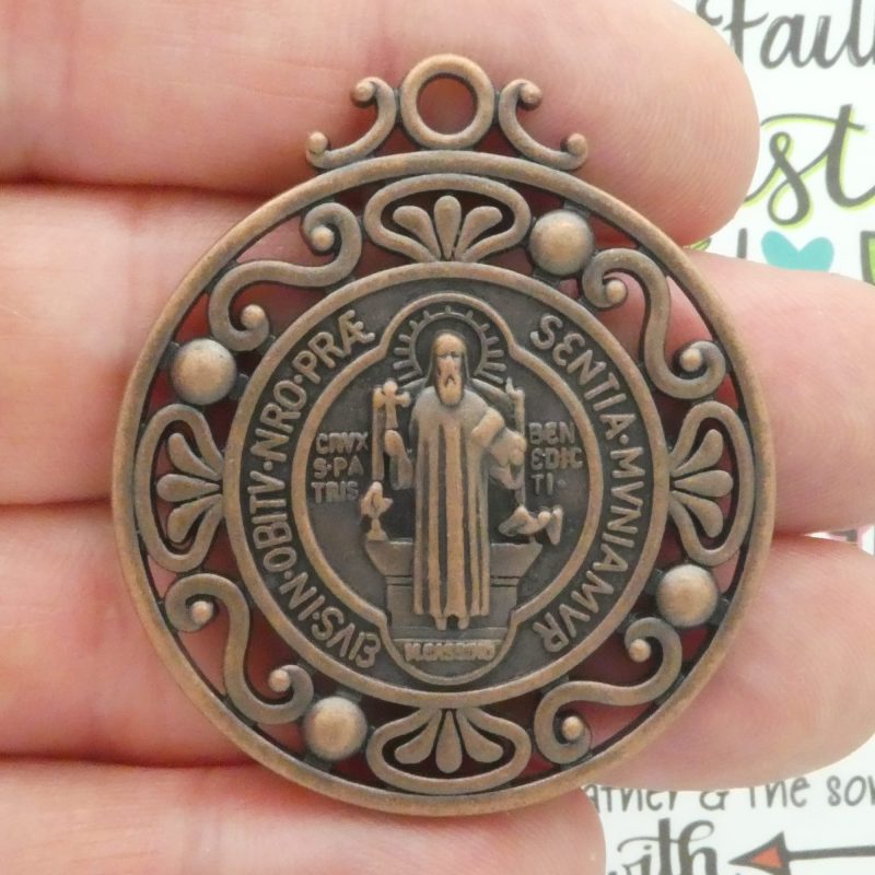 st benedict medallion for sale in copper pewter closeup