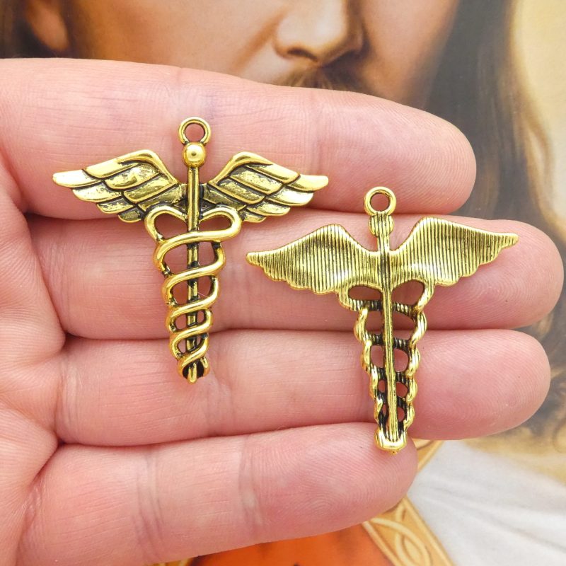caduceus pendants for jewelry making in gold pewter front and back