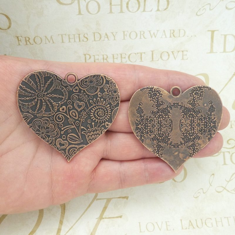 flower heart pendants bulk in copper pewter front and back