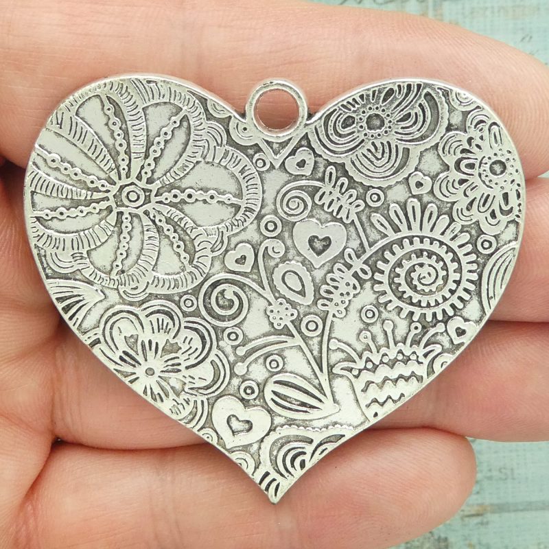 flower heart pendants bulk in silver pewter closeup
